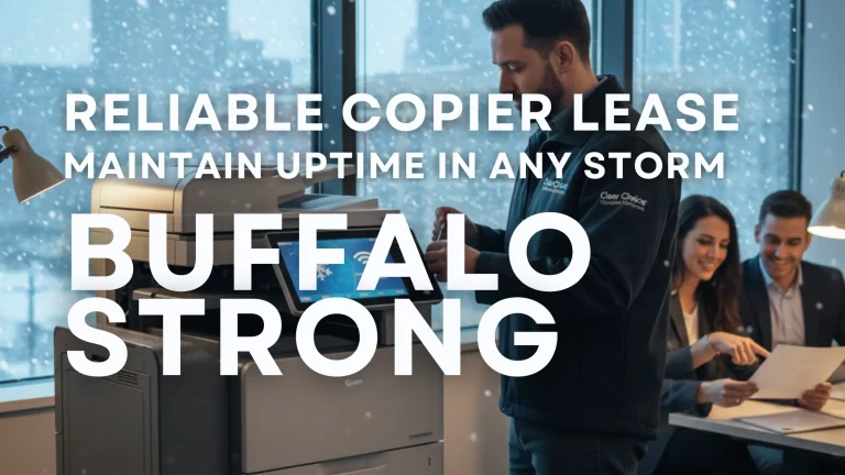 Modern office copier in a warm Buffalo office setting during a snowstorm, emphasizing reliable winter operations and remote printing capability.