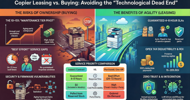 Infographic comparing copier ownership risks versus leasing benefits like guaranteed 4-8 hour SLAs for offices at 22 Buffalo Street, Buffalo, NY.