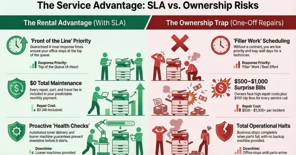 Comparison chart for Buffalo offices showing rental benefits like 4-hour response times versus ownership risks like $1,000 repair bills.