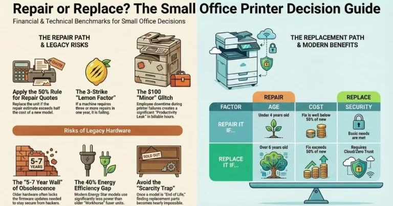 Visual guide for Buffalo offices deciding on Printer Repair, featuring the 50% rule, 3-strike lemon factor, and legacy hardware risks.