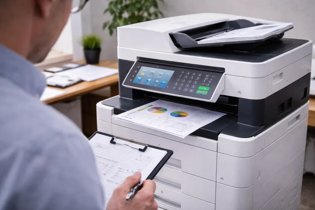 An office worker at 22 Buffalo Street reviewing high-quality color charts from enterprise-grade multifunction copiers.