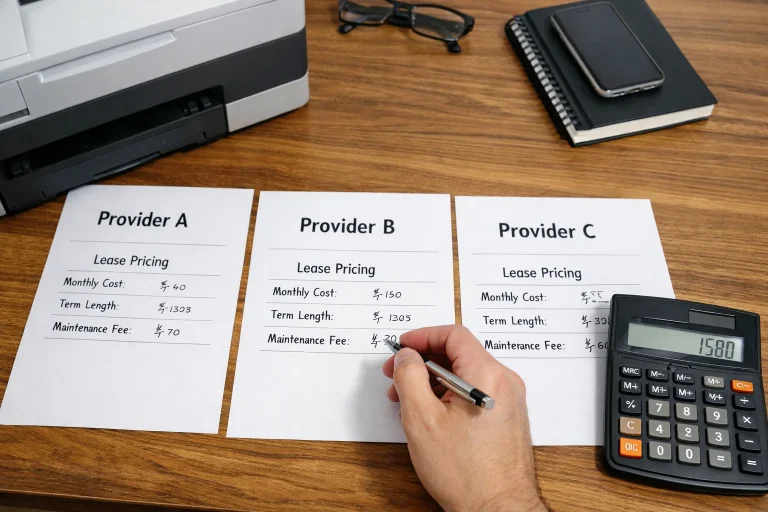 A business professional in Buffalo comparing copier lease pricing quotes from three different providers with a calculator and office hardware.
