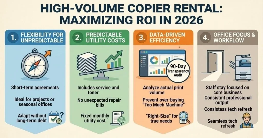 Four-step guide to maximizing ROI and managing Copier Rental Cost in Buffalo through 90-day transparency audits and data-driven efficiency.