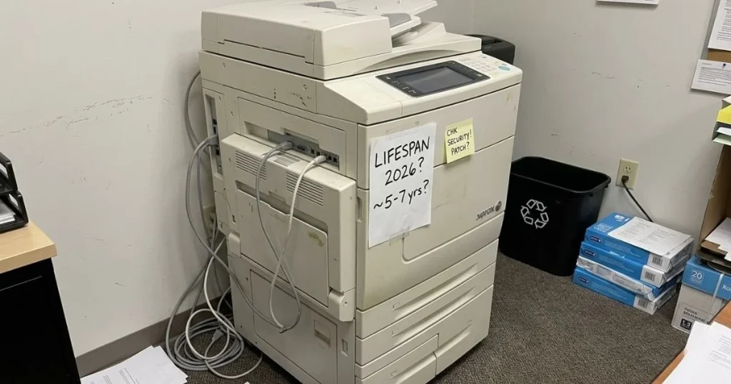 An older Xerox copier in a Buffalo office corner with a handwritten note regarding its 2026 lifespan and security patch requirements.