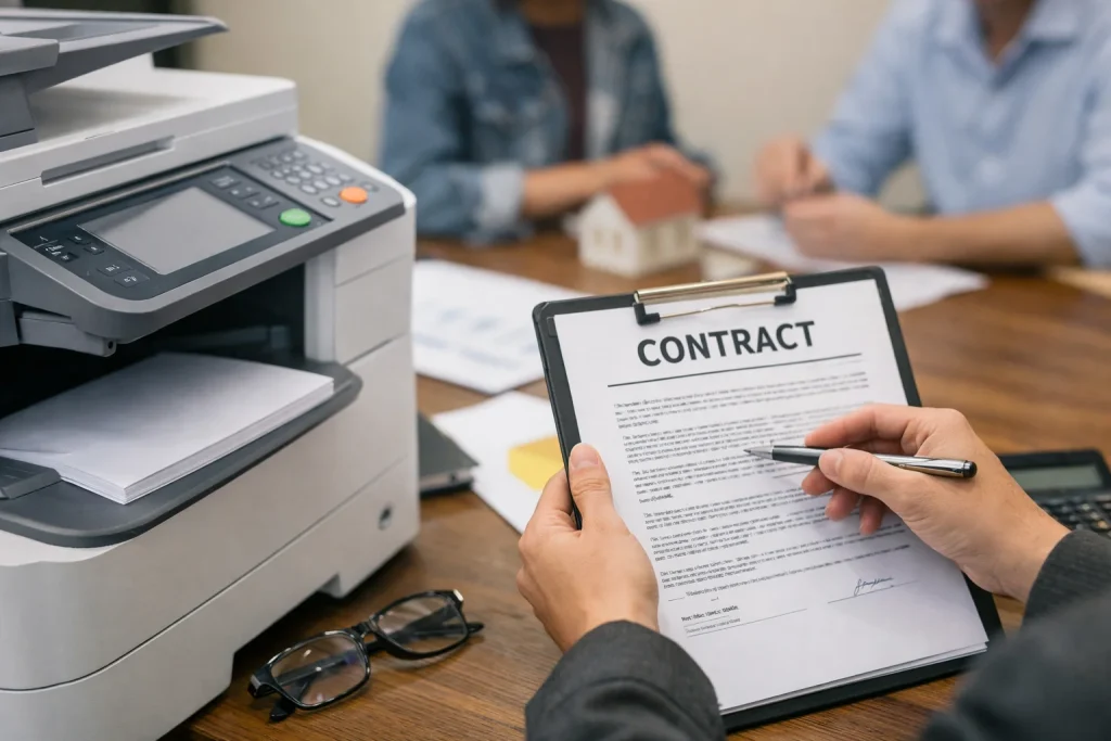 A close-up of a business professional reviewing a Buffalo copier lease contract to avoid traps.