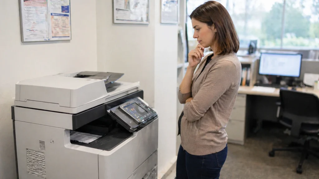 Business woman standing beside an office copier thinking about whether to buy or lease in Buffalo NY