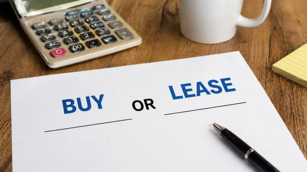 Buy or lease a copier decision document on a desk with a calculator for Buffalo NY businesses