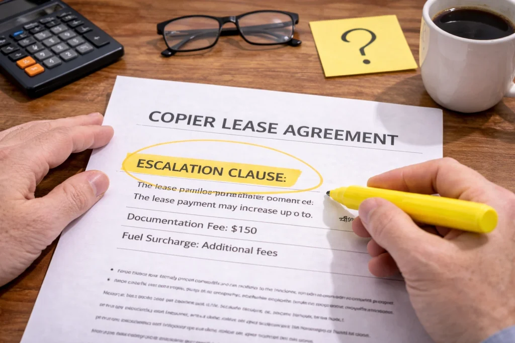 Hand highlighting a clause in a Buffalo Copier Lease Agreement to ensure all terms are understood.