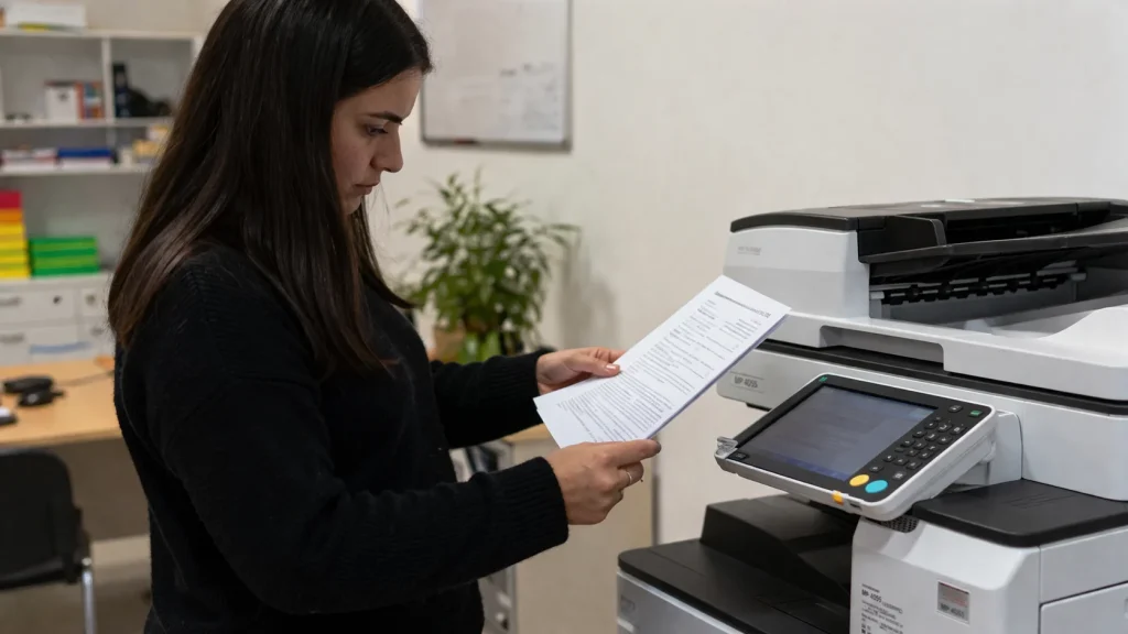 A woman standing by an office copier reviewing a document for Buffalo copier lease traps.