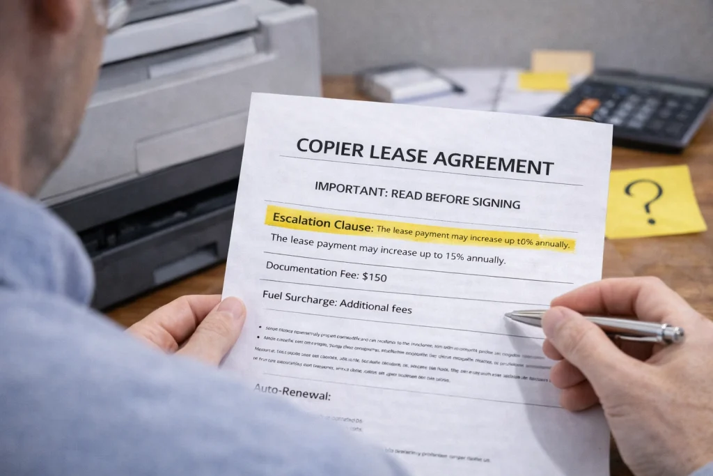 Person reviewing the "Important: Read Before Signing" section of Buffalo Copier Lease Agreements.