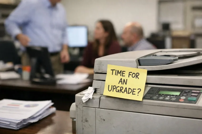 A dusty office printer with a yellow sticky note asking "Time for an upgrade?" in a Buffalo office.