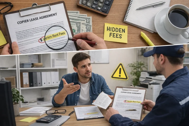 A magnifying glass highlighting "Interim Rent Fees" and a man discussing Buffalo copier lease traps.