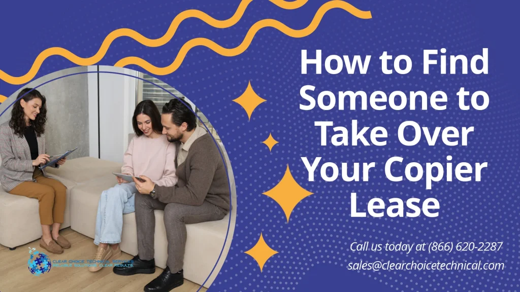 How to find someone to take over your copier lease purple graphic with business professionals in consultation meeting in Buffalo NY