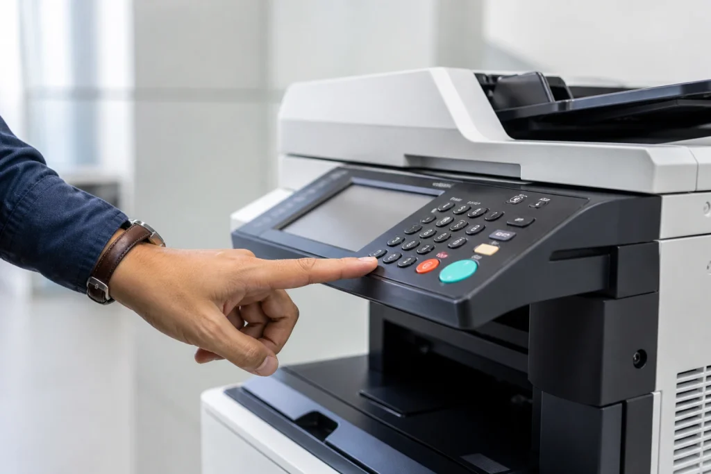 Copier lease costs document showing monthly payment breakdown with calculator and copier for Buffalo NY businesses