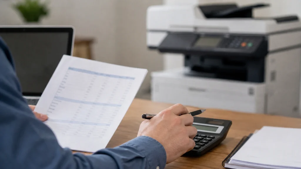 Business owner reviewing financial report with calculator while budgeting for copier lease costs in Buffalo NY