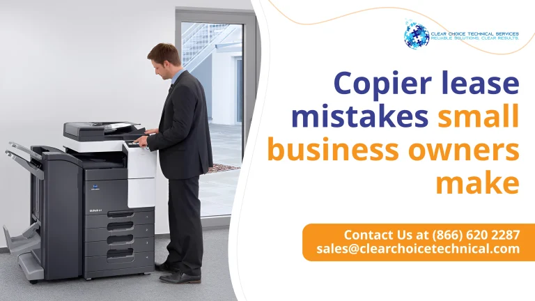 Corporate guide titled "Copier lease mistakes small business owners make" showing a businessman operating a copier.