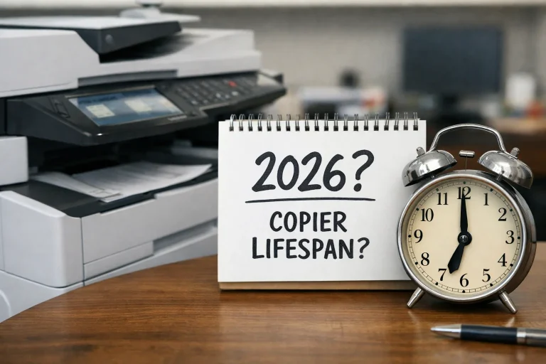 A desktop calendar and alarm clock next to a modern office copier questioning the average machine lifespan for Buffalo businesses in 2026.
